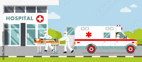 Medicine paramedics ambulance concept with emergency rescue team and coronavirus disease patient in flat style.