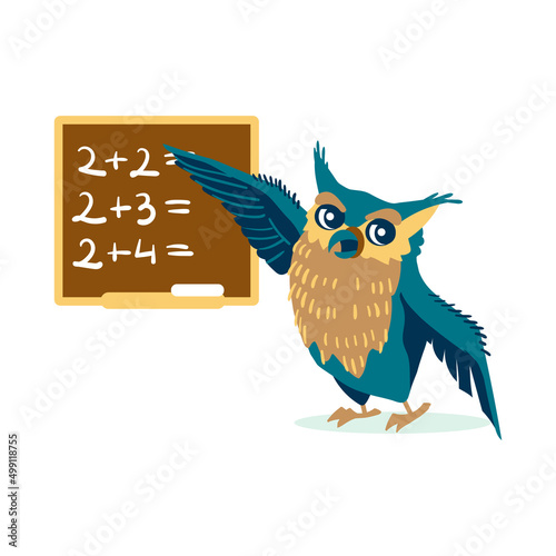 Wise owl standing at blackboard. Clever bird teaching at mathematics lesson or studying school subject. Back to school concept cartoon vector illustration on white background
