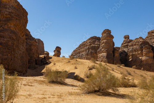 Natural outcrop rock formations in the Sharaan Nature Reserve in Al Ula, north west Saudi Arabia © hyserb