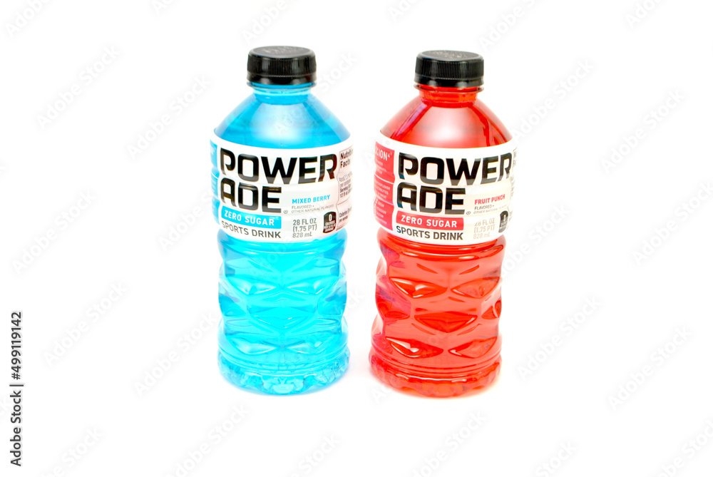 Powerade Bottles of Mixed Berry & Fruit Punch flavors Isolated Over ...