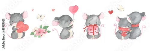 Panel kuchenny z motywem Watercolor cute mouses. Valentine's day cute illustration