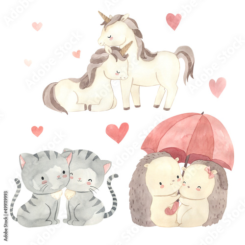 Watercolor unicorn, cat and hedgehog. Cute Valentines day illustration