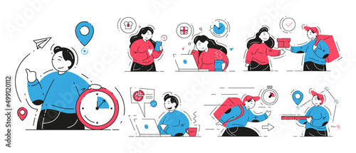 Set man woman enjoying online shopping at digital store and received order delivery vector flat illustration. Collection customers choosing goods at internet shop mobile application courier shipment