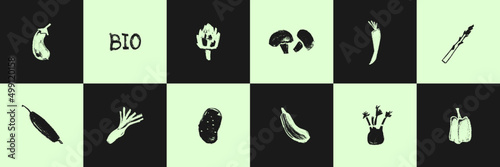 Vector vegetable icon set for organic food label, healthy eat packaging design. Black hand drawn mushroom symbol, potato icon, artichoke sign, celery Illustration, asparagus drawing, carrot insignia.