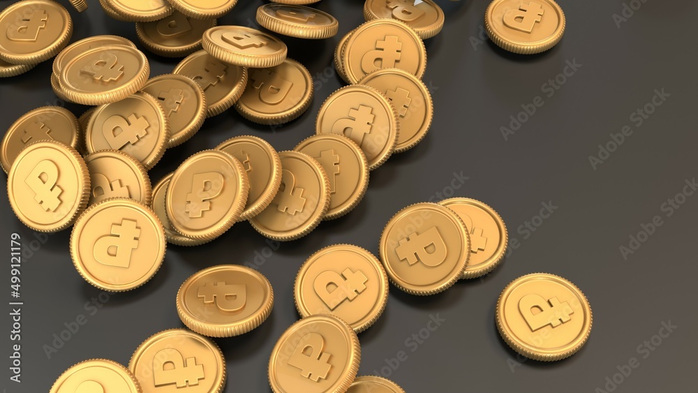 Scattered Piles of Gold Coins with Russian Ruble Sign on Dark Grey Background 3D Rendered Illustration Concept Scattered Piles of Gold Coins with Russian Ruble Sign on Dark Grey Background 3D Rendered Illustration Concept