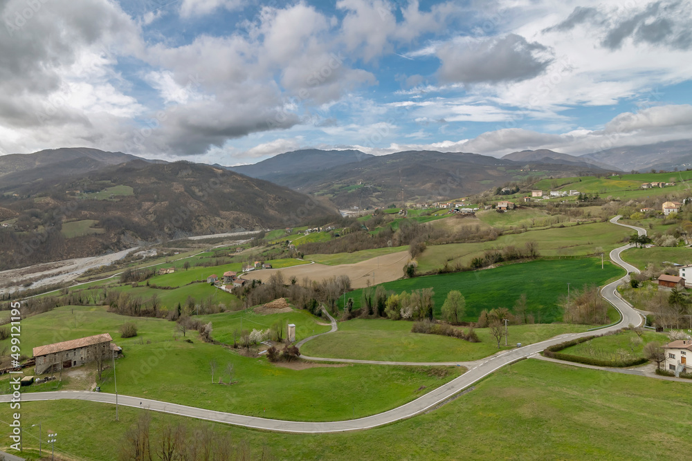 Panoramic view of the Ceno Valley from the Bardi Castle, Parma, Italy
