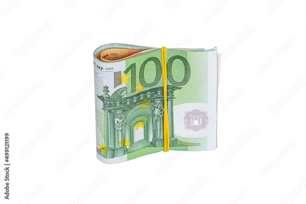 a bundle of euros, tied with an elastic band, isolated on a white background a bundle of euros, tied with an elastic band, isolated on a white background