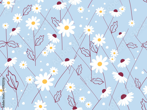 Seamless pattern with daisy flower, hand drawn leaves and dots on blue background vector illustration. © Thanawat
