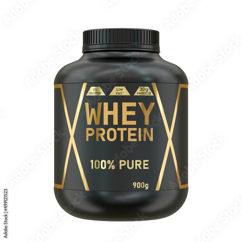 Realistic black plastic bottles of whey protein with mockup label isolated on white background. Sports nutrition, bodybuilding supplements photo