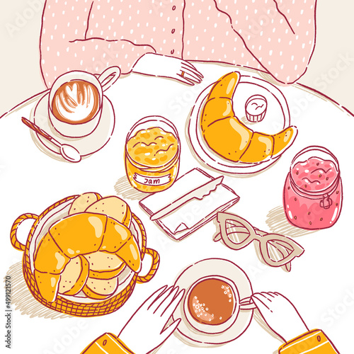 Fine breakfast at cafe, vector illustration