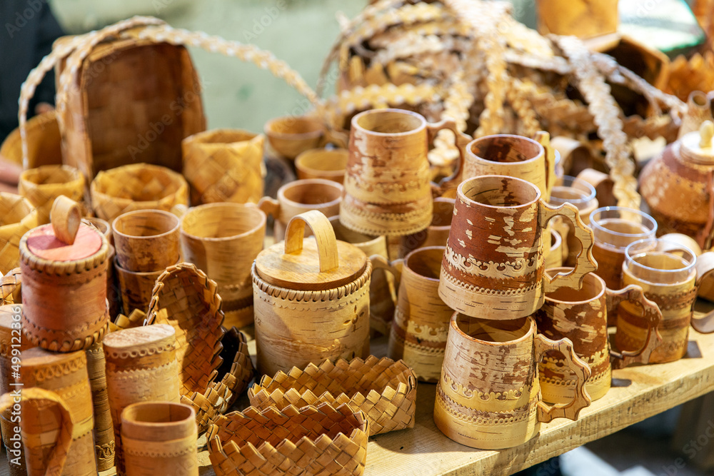 Wooden kitchen utensils in street market