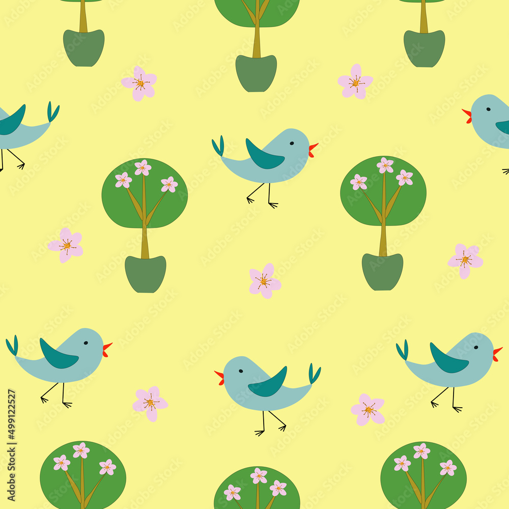 Seamless pattern abstract blue birds, sakura tree on yellow background. Cute bluebirds repetition childish print, vector eps 10