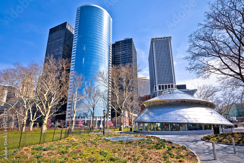 Battery park and New York City downtown skyscrapers view