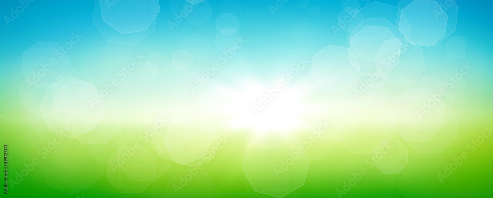 Wide view of fresh spring or summer abstract background with bokeh. Blue and green horizontal colour gradients. Wide view of fresh spring or summer abstract background with bokeh. Blue and green horizontal colour gradients.