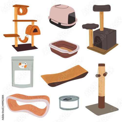 Big collection with cats food, goods, houses and supplies. Pets feeding, furniture, toys. Feline accessories, stuff. Training post. Flat vector illustration isolated on white background