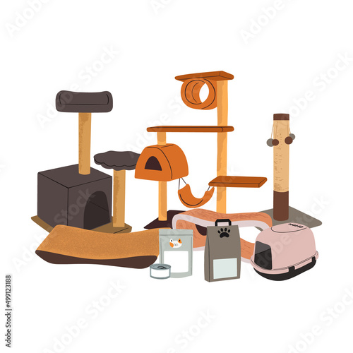 Illustration for banner with cats food, goods, houses and supplies. Pets feeding, furniture, toys. Feline accessories, stuff. Training post. Flat vector illustration isolated on white background