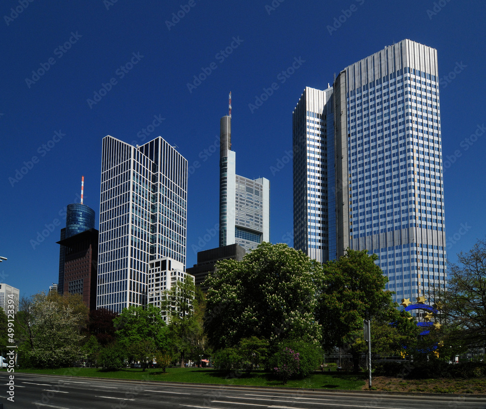 View From The Gallusanlage Park To The Skyscraper In The Financial District In Frankfurt Hesse Germany On A Beautiful Spring Day With A Clear Blue Sky