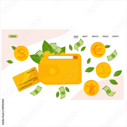 Dollars, euros, dinars, currency wallets. Gold coins vector stock illustration. Cartoon paper banknotes. Currency exchange for banner, power, website.