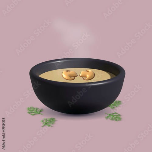 Mushroom puree soup garnished with champignon pieces, 3d rendering