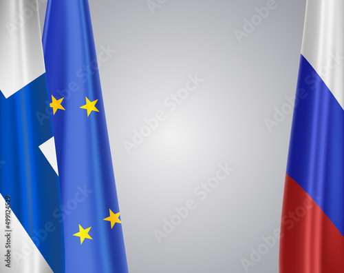 Finland and EU flags opposite Russia flag conceptual illustration