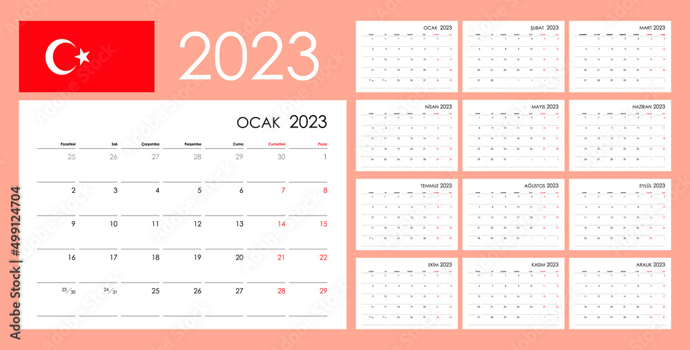 Calendar for 2023 year. An organizer and planner for every day. Week starts from Monday. 12 boards, months set. Wall layout. Clear template. Turkish language. - obrazy, fototapety, plakaty 