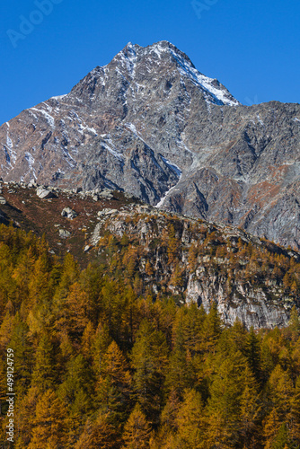 The mountains of the Lepontine Alps and the woods during a beautiful Autumn day, near the village of San Domenico di Varzo, Piedmont, Italy - October 2021. photo