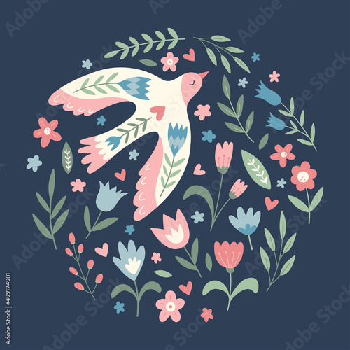 Vector bird, flowers, leaves, berries  in folklore style in  shape of a circle. Doves of peace. Doodle illustrations with stylized decorative floral elements. Good for posters, t shirts, postcards.