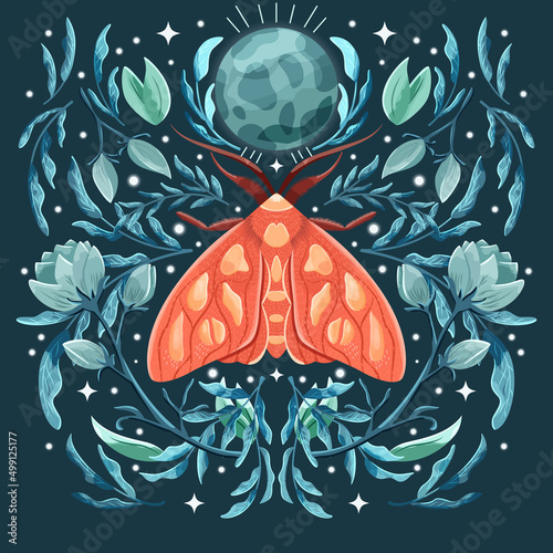Moth and floral motifs, pattern design in symmetry. Colorful flat vector illustration with moth, flowers, floral elements and stars.