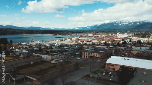 Aerial Rotating Motion Time Lapse of Port Alberni, Small City or Town on Vancouver Island, British Columbia, Canada photo