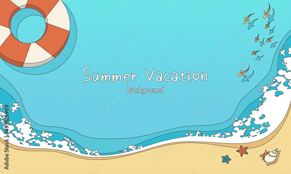 Top view illustration of sea waves and sandy beach in hand drawn style. Summer vacation concept banner background with copy space. Top view illustration of sea waves and sandy beach in hand drawn style. Summer vacation concept banner background with copy space.