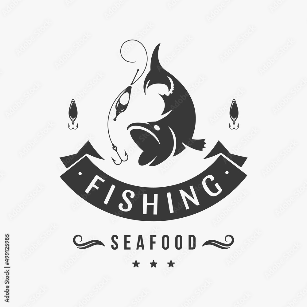 Vecteur Stock Fresh sea fish restaurant vector logo. Black silhouette