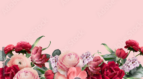 Floral banner, header with copy space. Ranunculus, red rose, tulip and hyacinth isolated on pink background. Natural flowers wallpaper or greeting card.