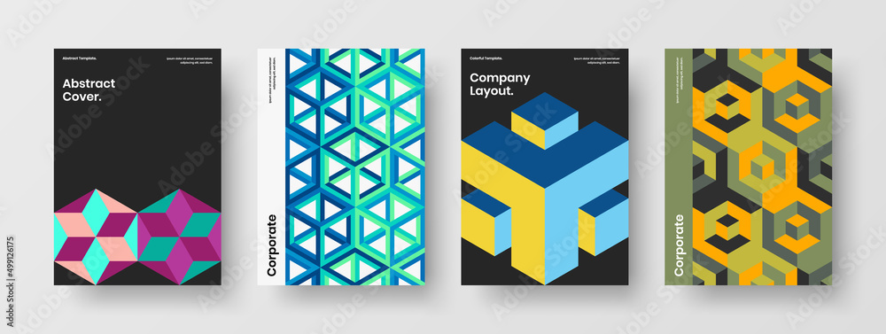 Multicolored mosaic hexagons placard template collection. Premium handbill vector design concept composition.