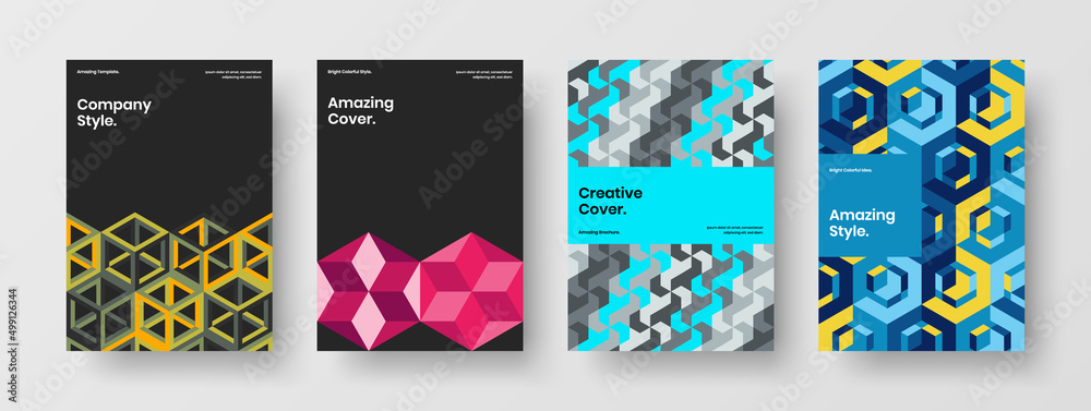 Bright magazine cover design vector layout set. Creative mosaic tiles poster template bundle.