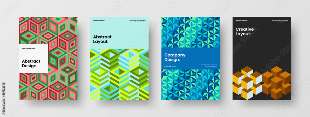 Obraz premium Amazing cover A4 vector design template composition. Simple mosaic hexagons front page concept bundle.