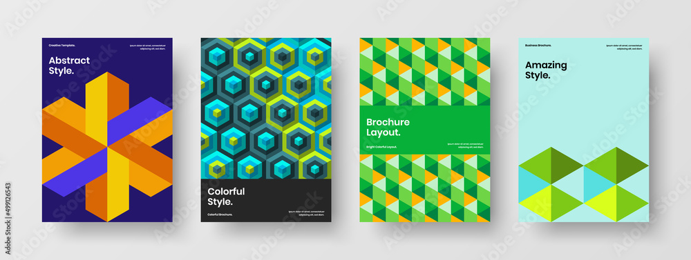 Multicolored geometric hexagons pamphlet concept set. Isolated poster A4 design vector template collection. Multicolored geometric hexagons pamphlet concept set. Isolated poster A4 design vector template collection.
