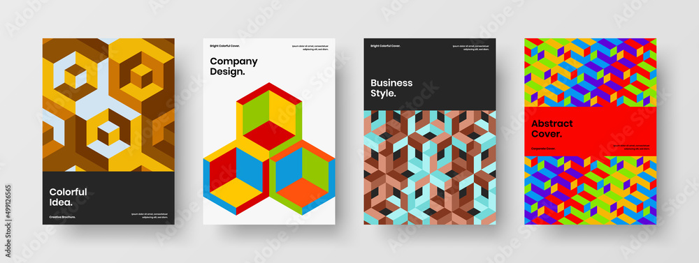 Colorful geometric tiles poster concept set. Fresh pamphlet A4 design vector layout composition.