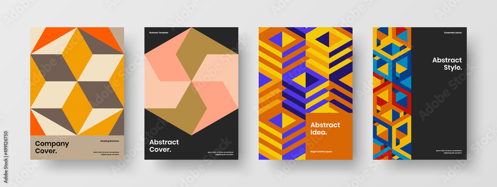 Vivid magazine cover design vector concept bundle. Minimalistic geometric tiles annual report illustration set.