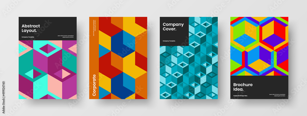 Fresh mosaic shapes annual report concept bundle. Multicolored placard A4 design vector layout composition.