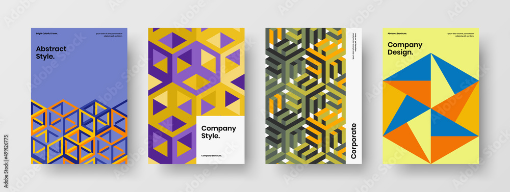 Vivid leaflet design vector illustration composition. Simple mosaic shapes corporate cover template collection.