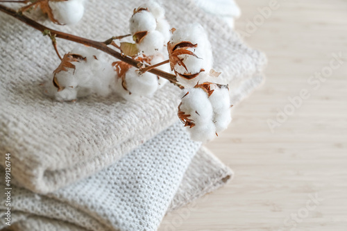 Branch with fluffy cotton balls on a pile of natural colored fabrics, fashion concept, ecofriendly grown, sustainable processed and fair trade, copy space, selected focus photo