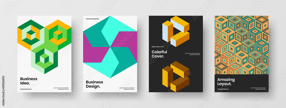 Multicolored catalog cover vector design concept collection. Amazing mosaic hexagons leaflet illustration bundle.