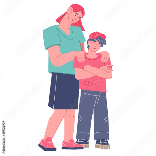 Mother supporting and comforting her upset teen son, flat vector illustration isolated on white background. Parent helps the child overcome difficulties of teenage crisis.