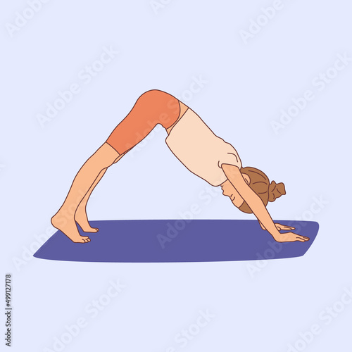 Girl practicing yoga on gymnastic mat. Children yoga kids . Meditating child standing in one legged downward facing dog exercise, eka pada adho mukha svanasana pose.Hand drawn flat vector illustration photo