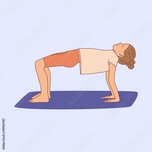 Girl practicing yoga on gymnastic mat. Children yoga kids . Meditating child standing in Reverse Table Top exercise, Bridge pose working out . Hand drawn flat vector illustration