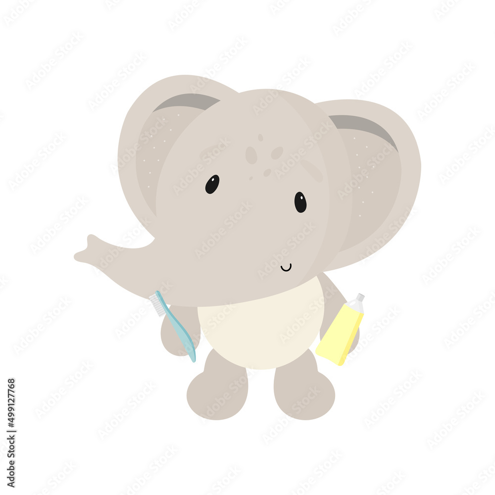 Fototapeta premium Cute Elephant with toothpaste and toothbrush. Vector illustration in cartoon style.