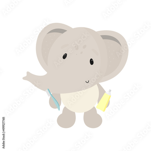 Cute Elephant with toothpaste and toothbrush. Vector illustration in cartoon style.