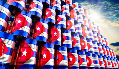 Photography Oil barrels with flag of Cuba - 3D illustration