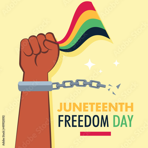 Juneteenth Freedom Day flag in hand protest, breaking chain handcuffs black people background poster vector