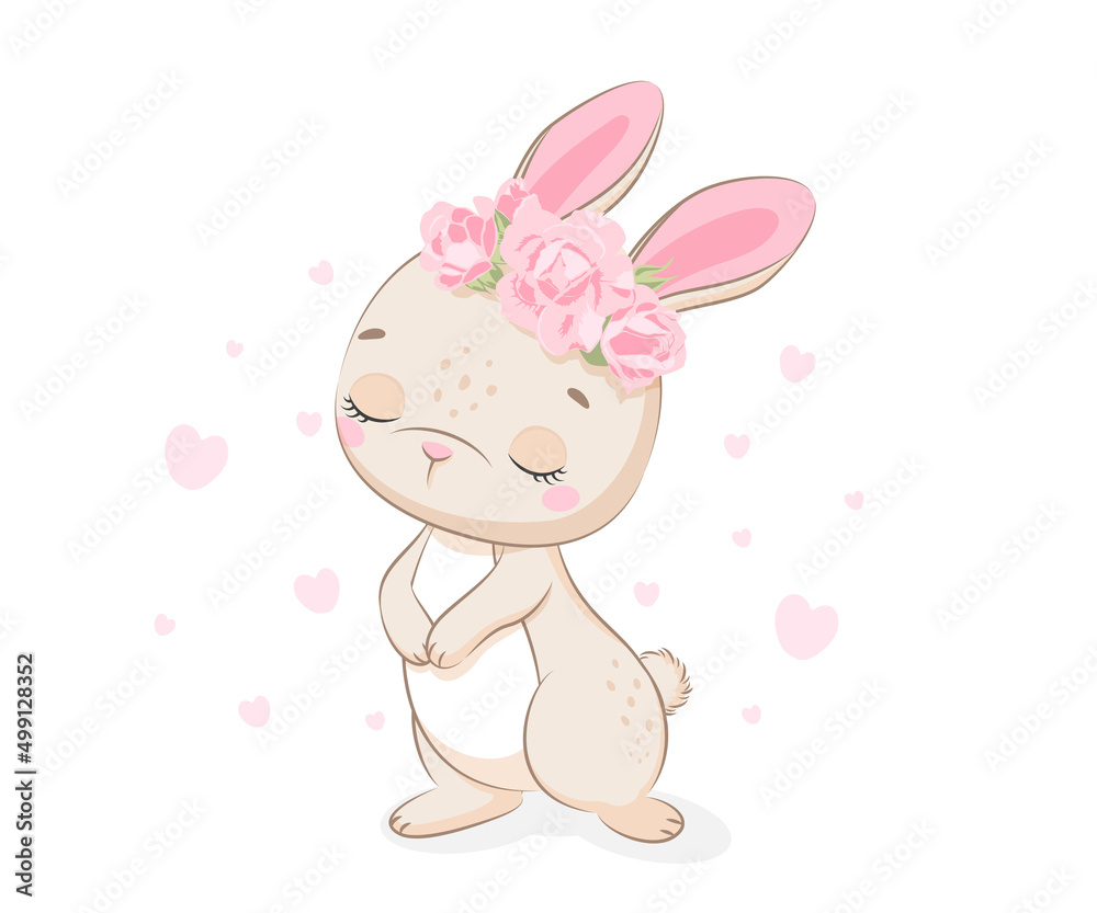 Cute banny with flowers and a wreath. Cartoon vector illustration. Cute banny with flowers and a wreath. Cartoon vector illustration.